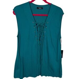Michael Lauren Teal Crinkle Cotton Blouse Kissing Lace Up Neck Size M NWT